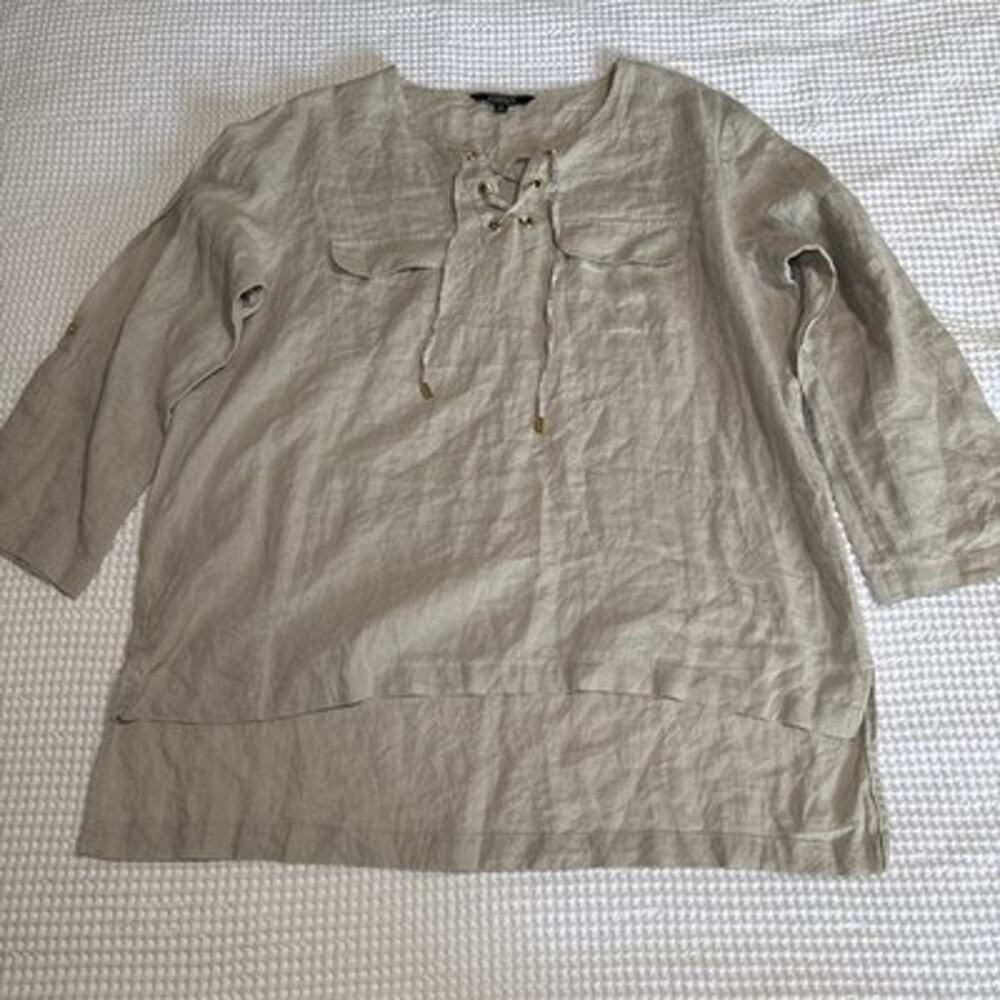 Company Ellen Tracy 100% Linen Lace Up Tunic Blouse XL Beige Cream Roll Tab EUC